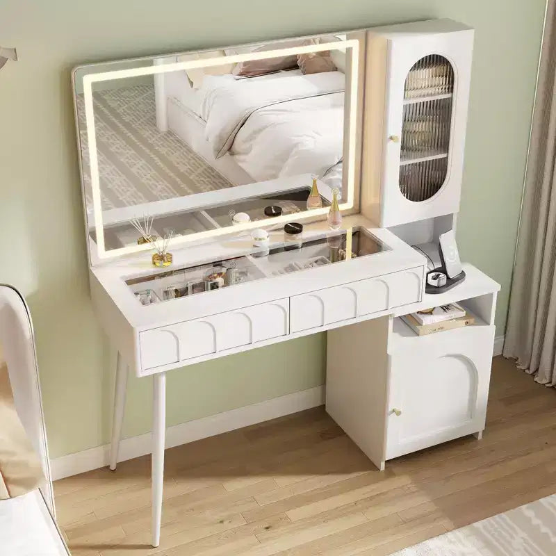 Coiffeuse 48 po avec miroir et lumières, coiffeuse moderne cannelée avec plateau en verre et armoire de rangement