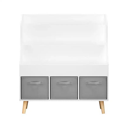 Bibliothèque Whisen Kids avec 3 bacs de rangement en tissu, présentoir de livres, porte-revues à l'avant avec pieds en pin - Blanc
