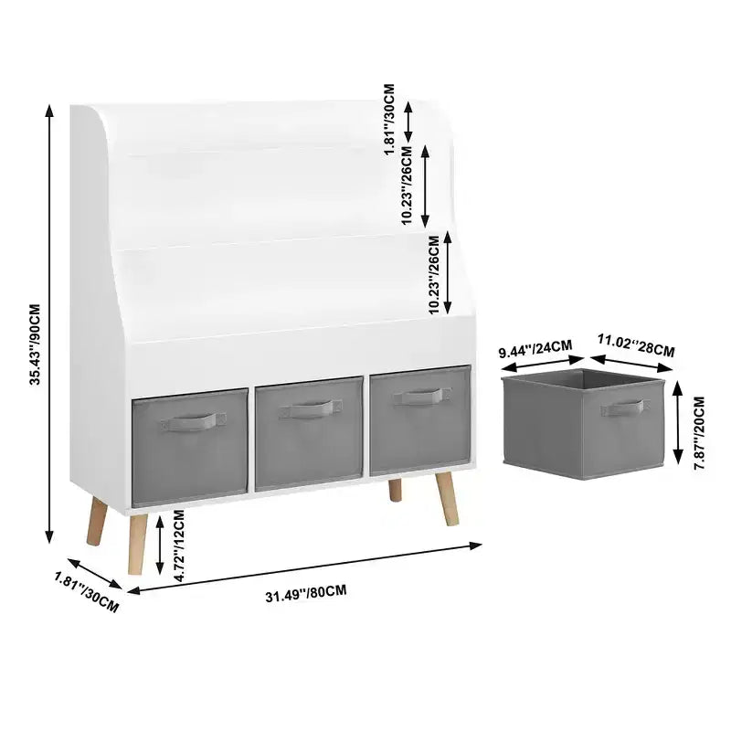 Bibliothèque Whisen Kids avec 3 bacs de rangement en tissu, présentoir de livres, porte-revues à l'avant avec pieds en pin - Blanc