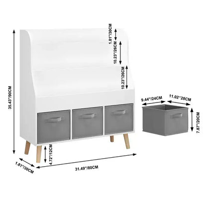 Bibliothèque Whisen Kids avec 3 bacs de rangement en tissu, présentoir de livres, porte-revues à l'avant avec pieds en pin - Blanc