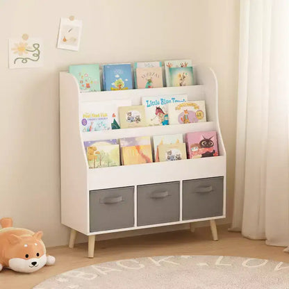 Bibliothèque Whisen Kids avec 3 bacs de rangement en tissu, présentoir de livres, porte-revues à l'avant avec pieds en pin - Blanc