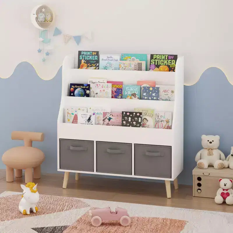 Bibliothèque Whisen Kids avec 3 bacs de rangement en tissu, présentoir de livres, porte-revues à l'avant avec pieds en pin - Blanc