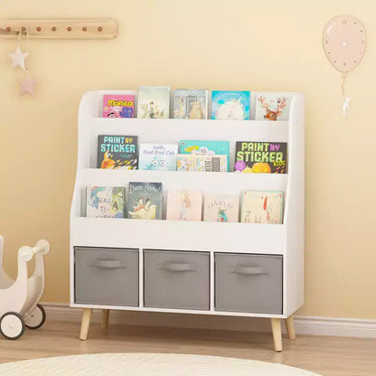 Bibliothèque Whisen Kids avec 3 bacs de rangement en tissu, présentoir de livres, porte-revues à l'avant avec pieds en pin - Blanc
