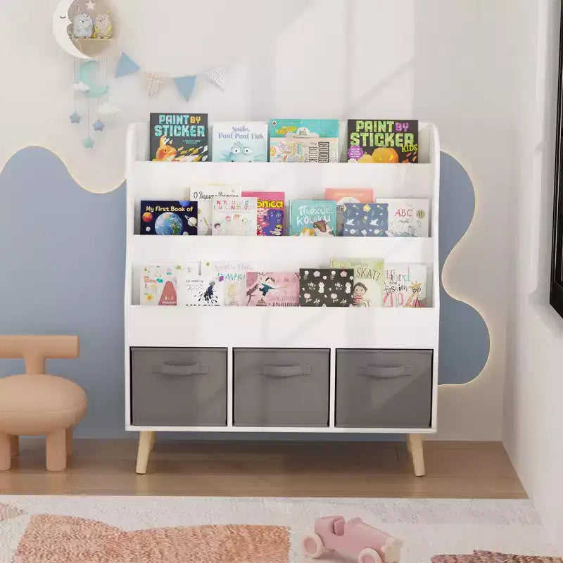 Bibliothèque Whisen Kids avec 3 bacs de rangement en tissu, présentoir de livres, porte-revues à l'avant avec pieds en pin - Blanc