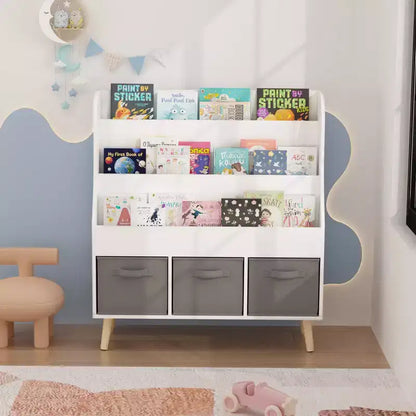 Bibliothèque Whisen Kids avec 3 bacs de rangement en tissu, présentoir de livres, porte-revues à l'avant avec pieds en pin - Blanc