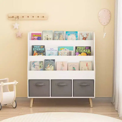 Bibliothèque Whisen Kids avec 3 bacs de rangement en tissu, présentoir de livres, porte-revues à l'avant avec pieds en pin - Blanc