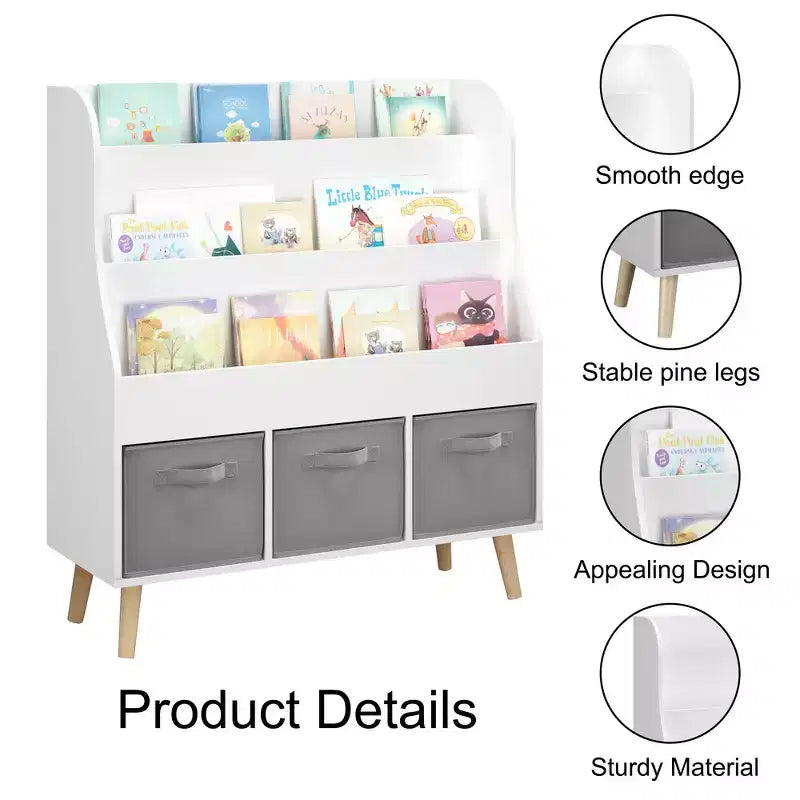 Bibliothèque Whisen Kids avec 3 bacs de rangement en tissu, présentoir de livres, porte-revues à l'avant avec pieds en pin - Blanc