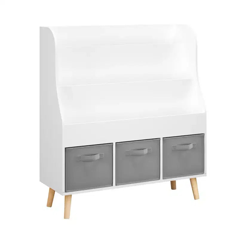 Bibliothèque Whisen Kids avec 3 bacs de rangement en tissu, présentoir de livres, porte-revues à l'avant avec pieds en pin - Blanc