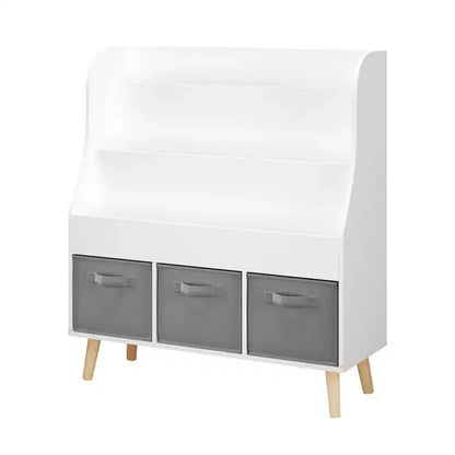 Bibliothèque Whisen Kids avec 3 bacs de rangement en tissu, présentoir de livres, porte-revues à l'avant avec pieds en pin - Blanc