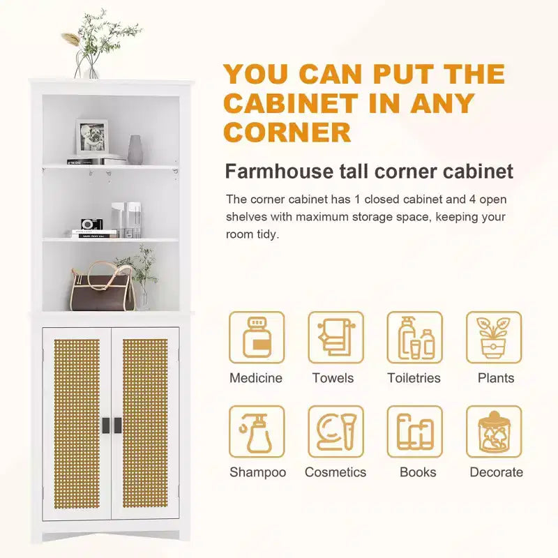 Meuble d'angle de ferme de 162 cm de haut avec 2 portes coulissantes, étagères réglables polyvalentes pour salle à manger, cuisine, armoire de rangement de ferme, blanc