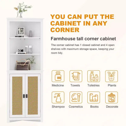Meuble d'angle de ferme de 162 cm de haut avec 2 portes coulissantes, étagères réglables polyvalentes pour salle à manger, cuisine, armoire de rangement de ferme, blanc