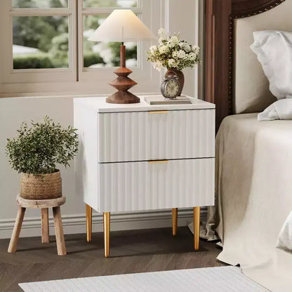1 Modern Fluted Nightstand with Charging Station & 2 Drawers, Gold & Wood Bedside Table,Small Side Table with USB Ports & Outlets for Bedroom