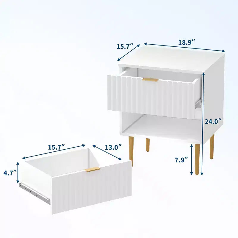 1 Table de chevet cannelée moderne avec station de charge et 2 tiroirs, table de chevet dorée et bois, petite table d'appoint avec ports USB et prises pour chambre à coucher