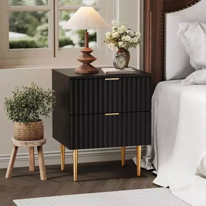 Modern Fluted Nightstand with Charging Station & 2 Drawers USB Ports & Outlets, Gold & Wood Bedside Table,Small Side Table for Bedroom