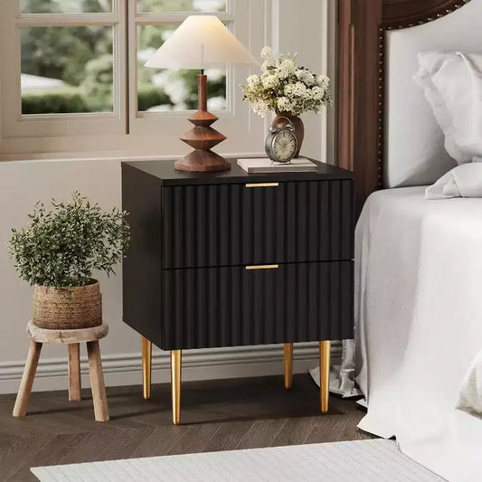 Modern Fluted Nightstand with Charging Station & 2 Drawers USB Ports & Outlets, Gold & Wood Bedside Table,Small Side Table for Bedroom