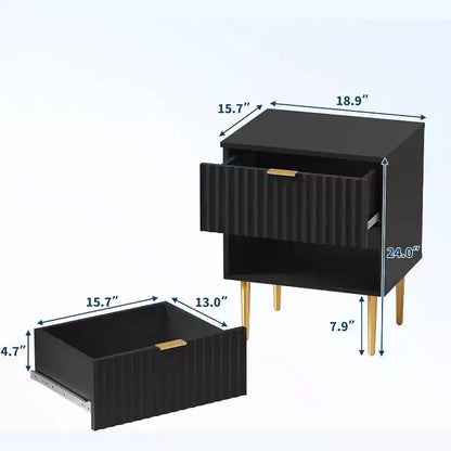 Table de chevet moderne cannelée avec station de charge et 2 tiroirs, ports USB et prises, table d'appoint dorée et en bois pour chambre à coucher