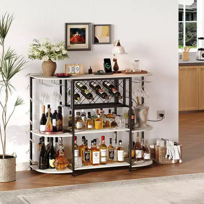 Home Bar Cabinet for Liquor,Bar Cart with Power Outlet, Metal Mini Bar Table with 4-Tier Storage, Wine Racks with Glass Holder Mini Bars for Home