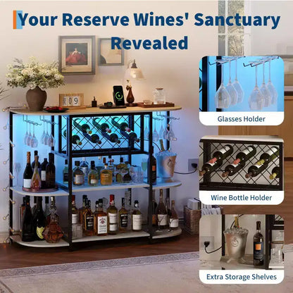 Meuble de bar pour la maison, chariot de bar avec prise de courant, table de mini-bar en métal avec rangement à 4 niveaux, casiers à vin avec porte-verres pour la maison