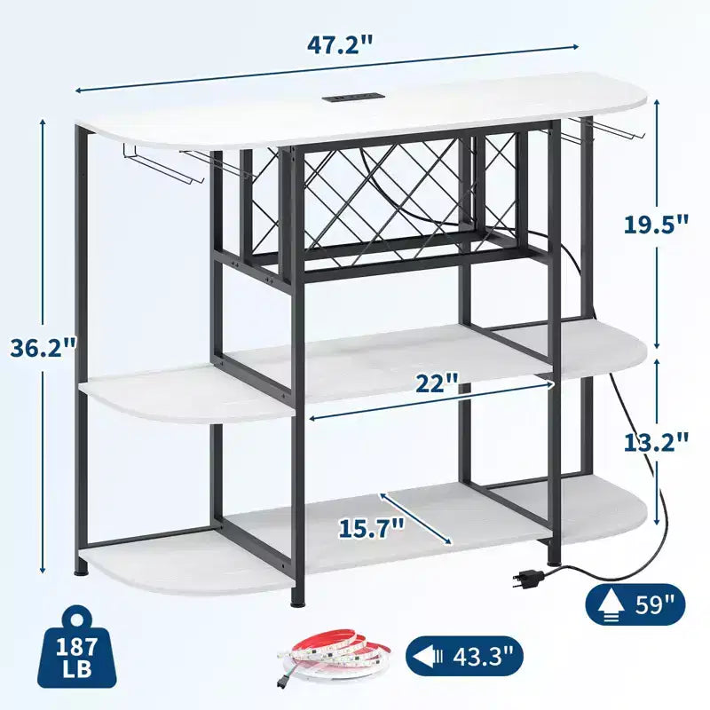 Meuble de bar pour la maison, chariot de bar avec prise de courant, table de mini-bar en métal avec rangement à 4 niveaux, casiers à vin avec porte-verres pour la maison