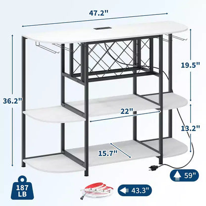 Meuble de bar pour la maison, chariot de bar avec prise de courant, table de mini-bar en métal avec rangement à 4 niveaux, casiers à vin avec porte-verres pour la maison