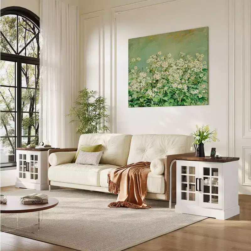 Grande table d'appoint de canapé carrée en bois, table de chevet, table de bout avec station de recharge, étagère réglable pour salon chambre, blanc