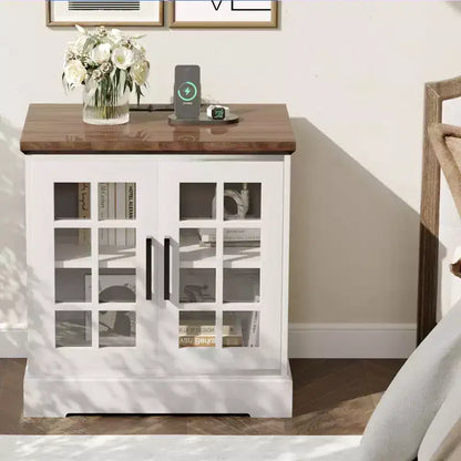 Grande table d'appoint de canapé carrée en bois, table de chevet, table de bout avec station de recharge, étagère réglable pour salon chambre, blanc