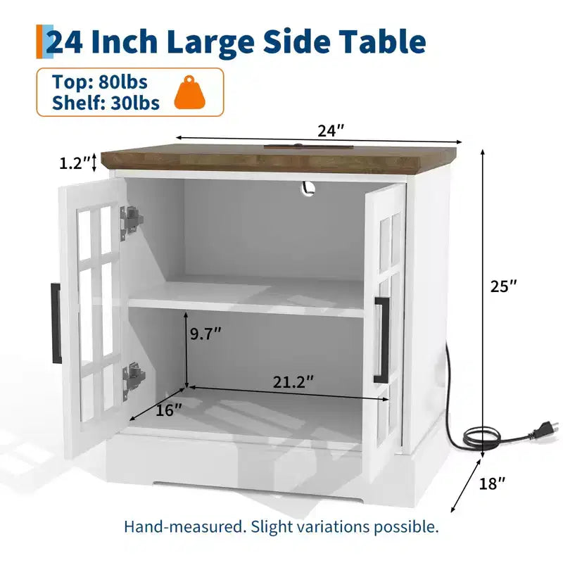 Grande table d'appoint de canapé carrée en bois, table de chevet, table de bout avec station de recharge, étagère réglable pour salon chambre, blanc