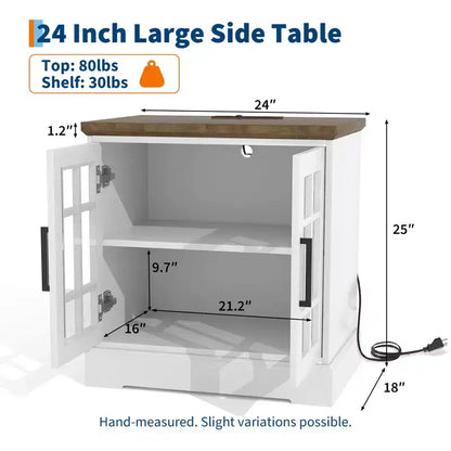 Grande table d'appoint de canapé carrée en bois, table de chevet, table de bout avec station de recharge, étagère réglable pour salon chambre, blanc