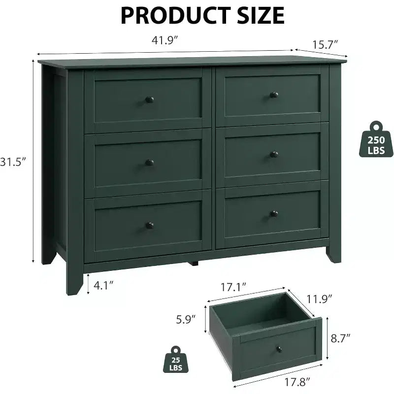 Commode verte à 6 tiroirs pour chambre à coucher, grande commode avec tiroirs profonds et poignées métalliques