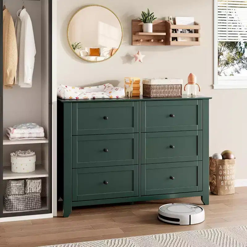 Commode verte à 6 tiroirs pour chambre à coucher, grande commode avec tiroirs profonds et poignées métalliques