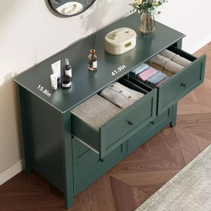 Commode verte à 6 tiroirs pour chambre à coucher, grande commode avec tiroirs profonds et poignées métalliques