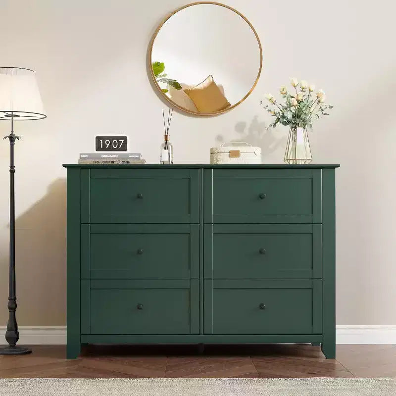 Commode verte à 6 tiroirs pour chambre à coucher, grande commode avec tiroirs profonds et poignées métalliques