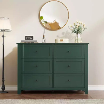 Commode verte à 6 tiroirs pour chambre à coucher, grande commode avec tiroirs profonds et poignées métalliques