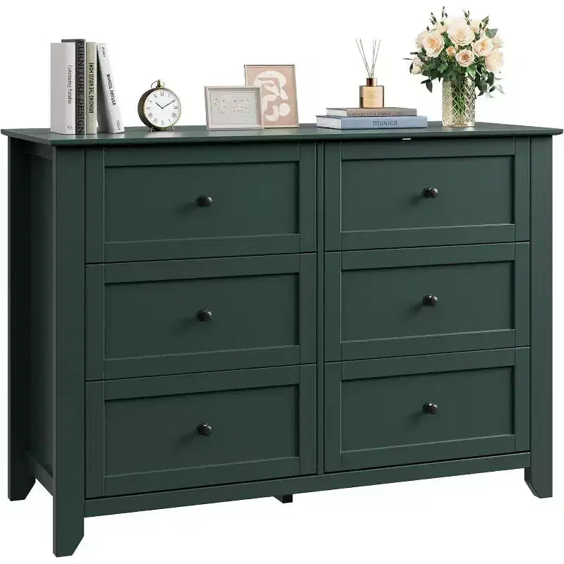 Commode verte à 6 tiroirs pour chambre à coucher, grande commode avec tiroirs profonds et poignées métalliques