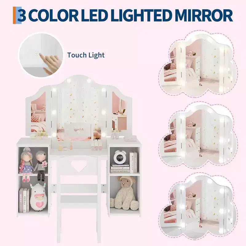 Coiffeuse avec lumière, bureau de maquillage 2 en 1 pour princesse avec miroir tactile détachable à trois volets