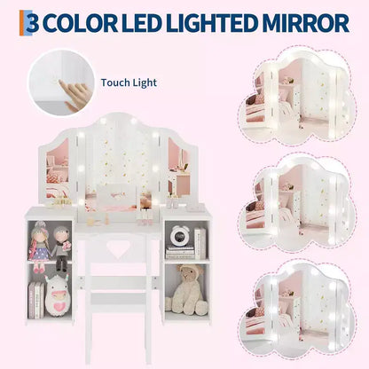 Coiffeuse avec lumière, bureau de maquillage 2 en 1 pour princesse avec miroir tactile détachable à trois volets