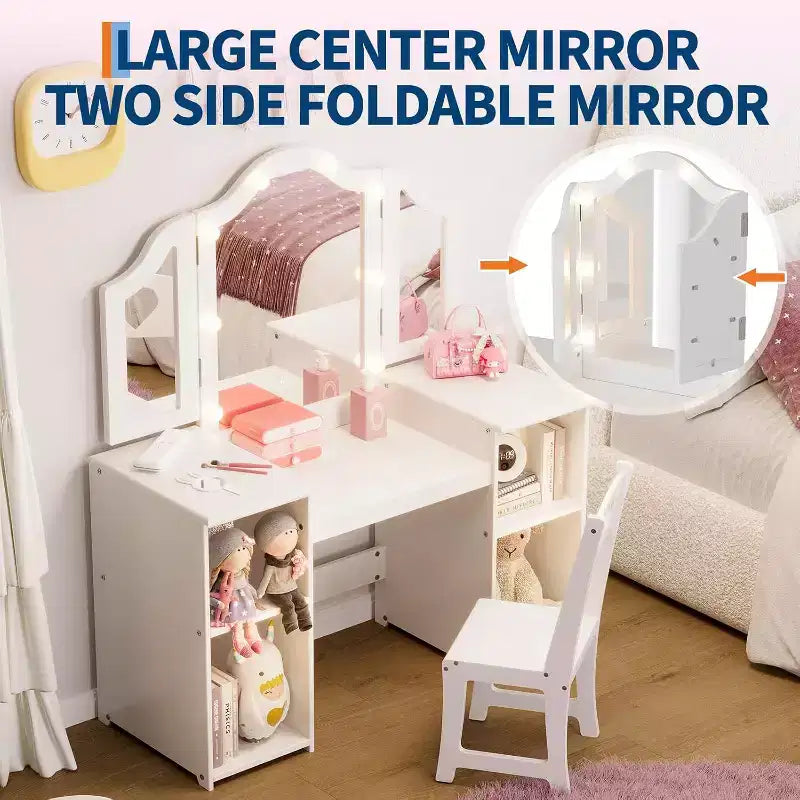 Coiffeuse avec lumière, bureau de maquillage 2 en 1 pour princesse avec miroir tactile détachable à trois volets