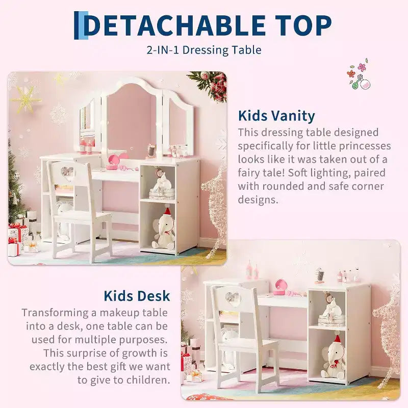 Coiffeuse avec lumière, bureau de maquillage 2 en 1 pour princesse avec miroir tactile détachable à trois volets