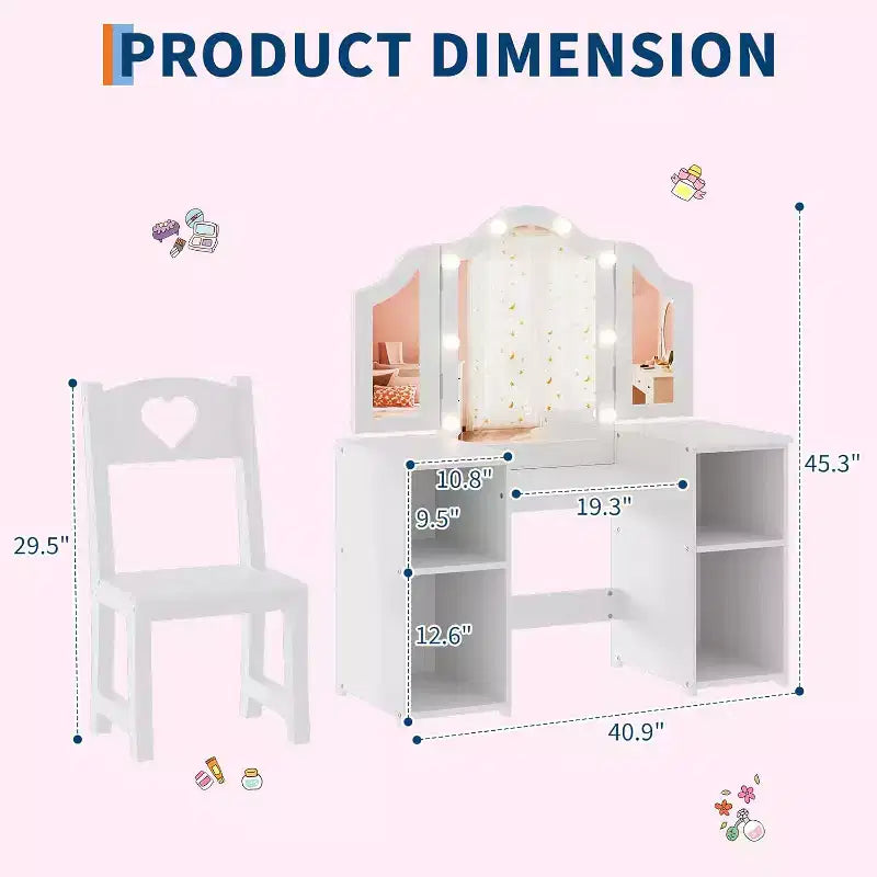 Coiffeuse avec lumière, bureau de maquillage 2 en 1 pour princesse avec miroir tactile détachable à trois volets