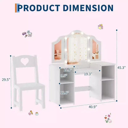 Coiffeuse avec lumière, bureau de maquillage 2 en 1 pour princesse avec miroir tactile détachable à trois volets