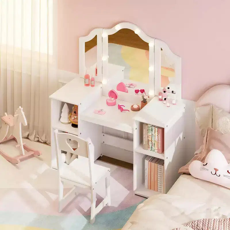 Coiffeuse avec lumière, bureau de maquillage 2 en 1 pour princesse avec miroir tactile détachable à trois volets