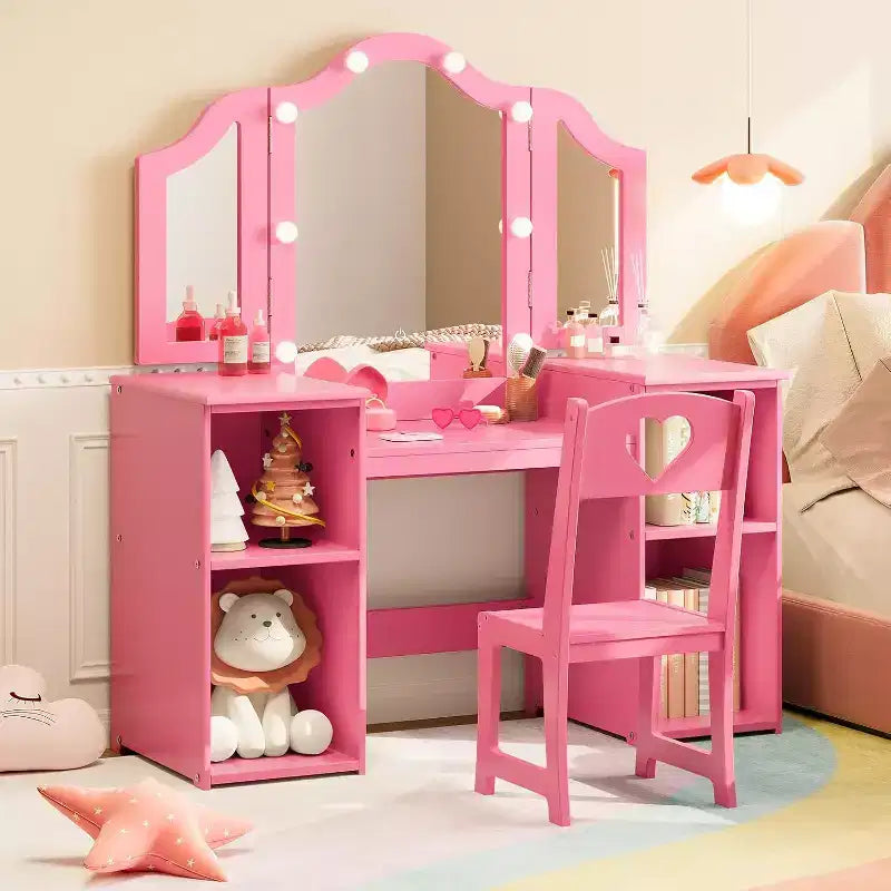 Coiffeuse avec lumière, bureau de maquillage 2 en 1 pour princesse avec miroir tactile détachable à trois volets