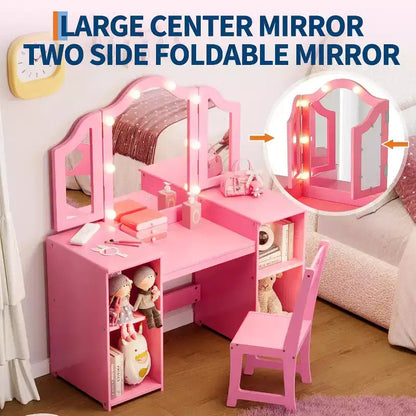 Coiffeuse avec lumière, bureau de maquillage 2 en 1 pour princesse avec miroir tactile détachable à trois volets