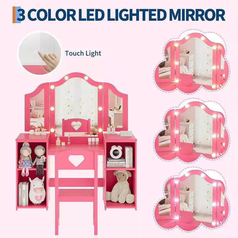 Coiffeuse avec lumière, bureau de maquillage 2 en 1 pour princesse avec miroir tactile détachable à trois volets