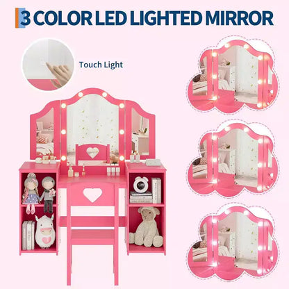 Coiffeuse avec lumière, bureau de maquillage 2 en 1 pour princesse avec miroir tactile détachable à trois volets