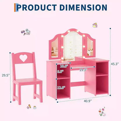 Coiffeuse avec lumière, bureau de maquillage 2 en 1 pour princesse avec miroir tactile détachable à trois volets