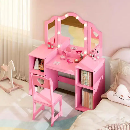 Coiffeuse avec lumière, bureau de maquillage 2 en 1 pour princesse avec miroir tactile détachable à trois volets