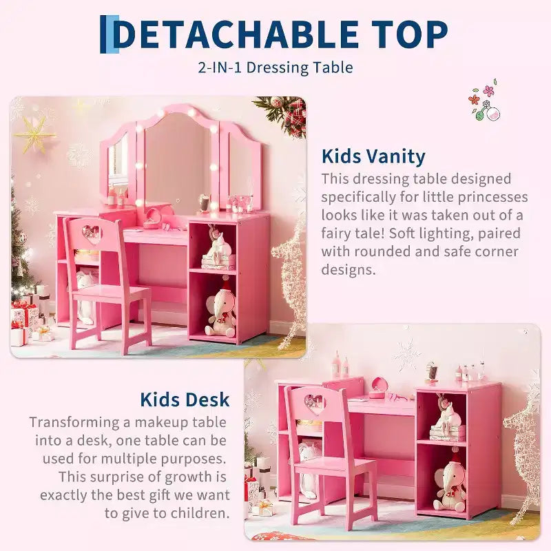 Coiffeuse avec lumière, bureau de maquillage 2 en 1 pour princesse avec miroir tactile détachable à trois volets