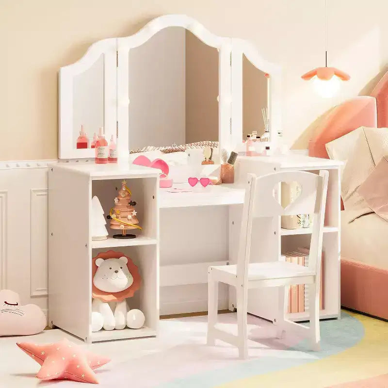 Coiffeuse avec lumière, bureau de maquillage 2 en 1 pour princesse avec miroir tactile détachable à trois volets
