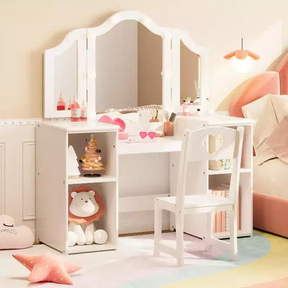 Coiffeuse avec lumière, bureau de maquillage 2 en 1 pour princesse avec miroir tactile détachable à trois volets